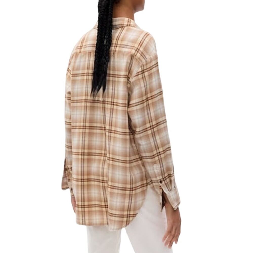 GAP Big Shirt Flannel Size XS Petite Light Brown Plaid Collared Long Sleeve